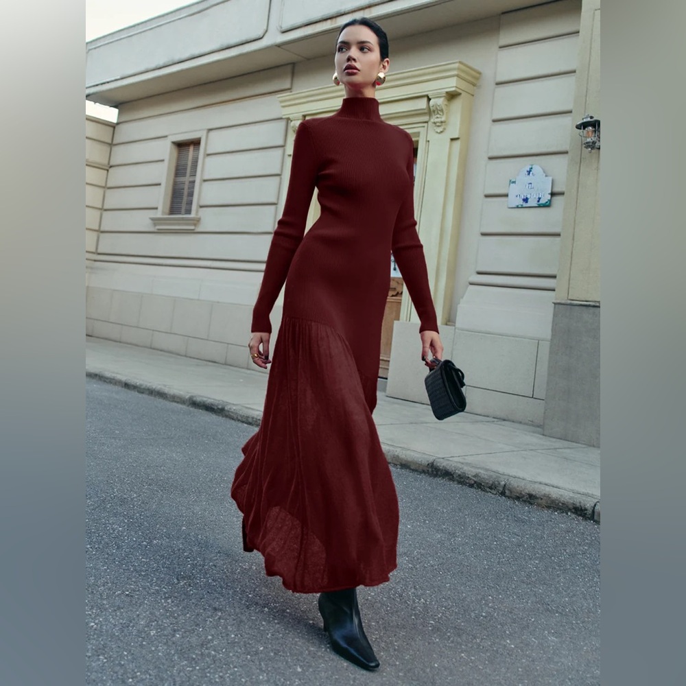 Commense Burgundy Long Sleeve Dress